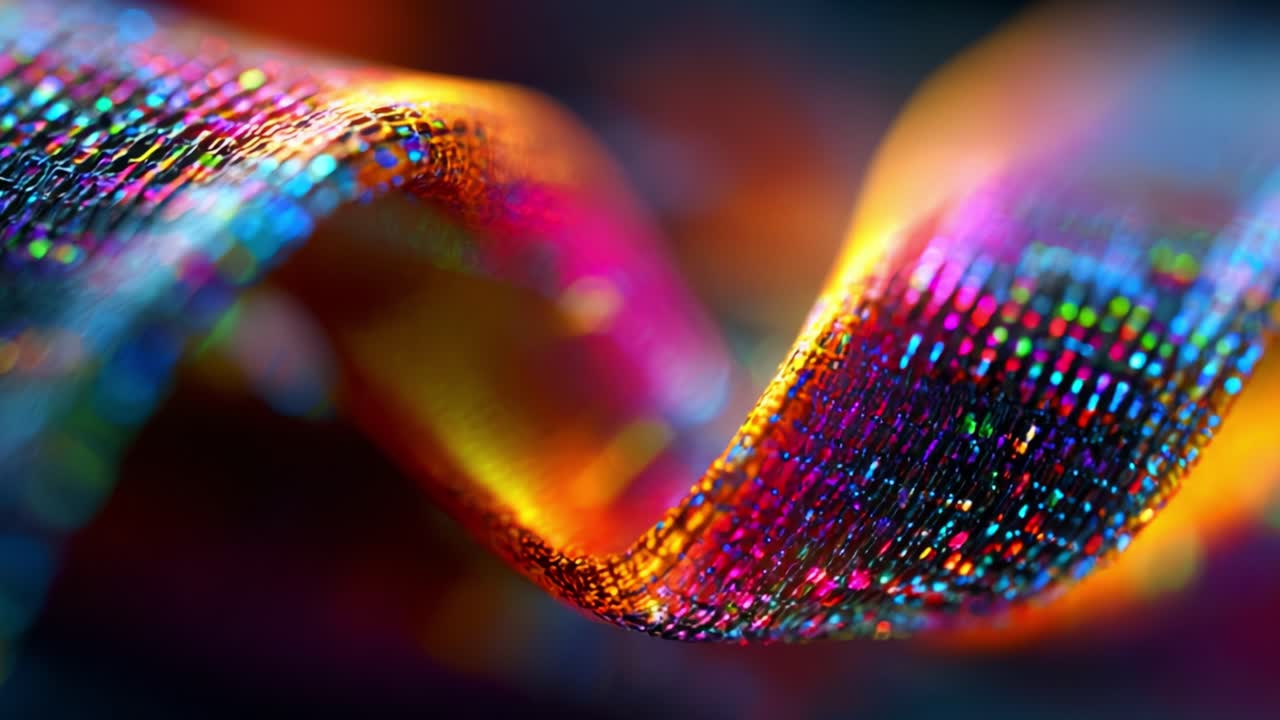 Vibrant Flow of Light: Capturing the Stunning Colorful Waves of Iridescent Material that Create a Mesmerizing Dance of Patterns and Textures Against a Blurred, Colorful Background in This Artistic Display