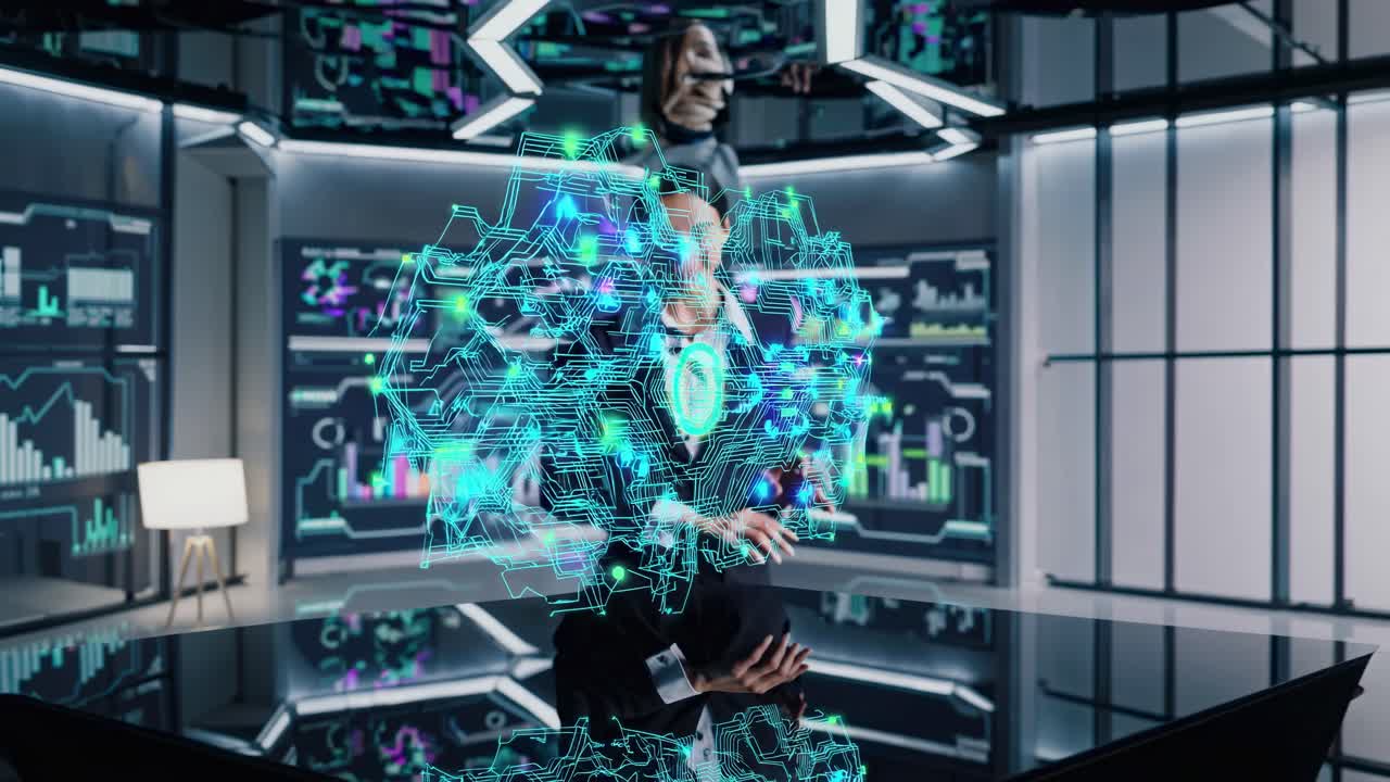 Woman Interacting with Holographic Data Visualization in Futuristic Control Room