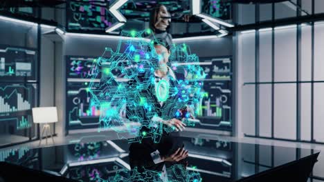mujer interactuando con la visualización de datos holográficos en la sala de control futurista