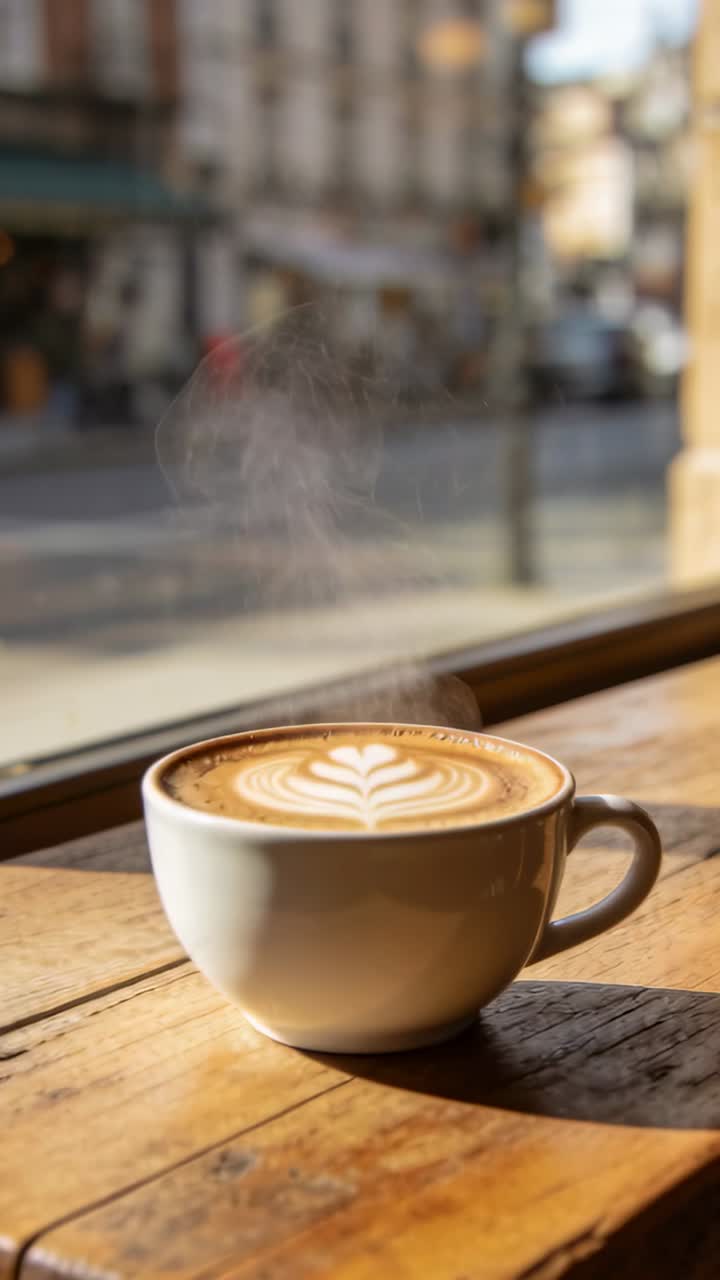 Latte caldo fumante con latte art su un tavolo di legno vicino alla finestra di un caffè.