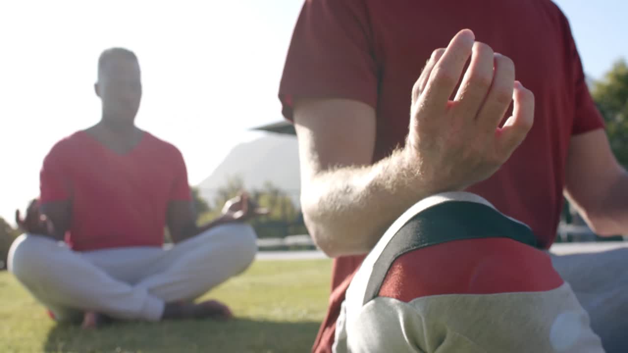Amigos diversos focados praticando ioga e meditação juntos, sentados em jardim ensolarado, em câmera lenta.