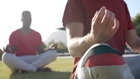 Amigos-Diversos-Enfocados-Practicando-Meditación-De-Yoga-Juntos-Sentados-En-Un-Jardín-Soleado,-Cámara-Lenta