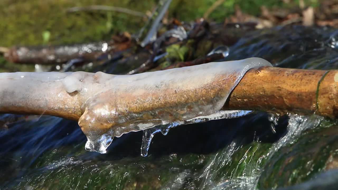 Ice on a stick in a fast flowing brook. Iceland