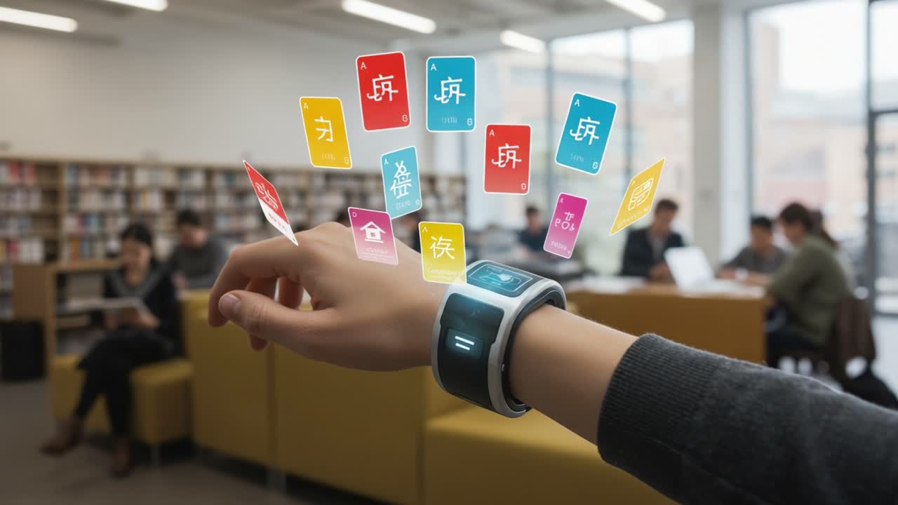 Futuristic Smartwatch Displaying Interactive Notifications in a Modern Library Environment with Engaged Users and Technology Integration
