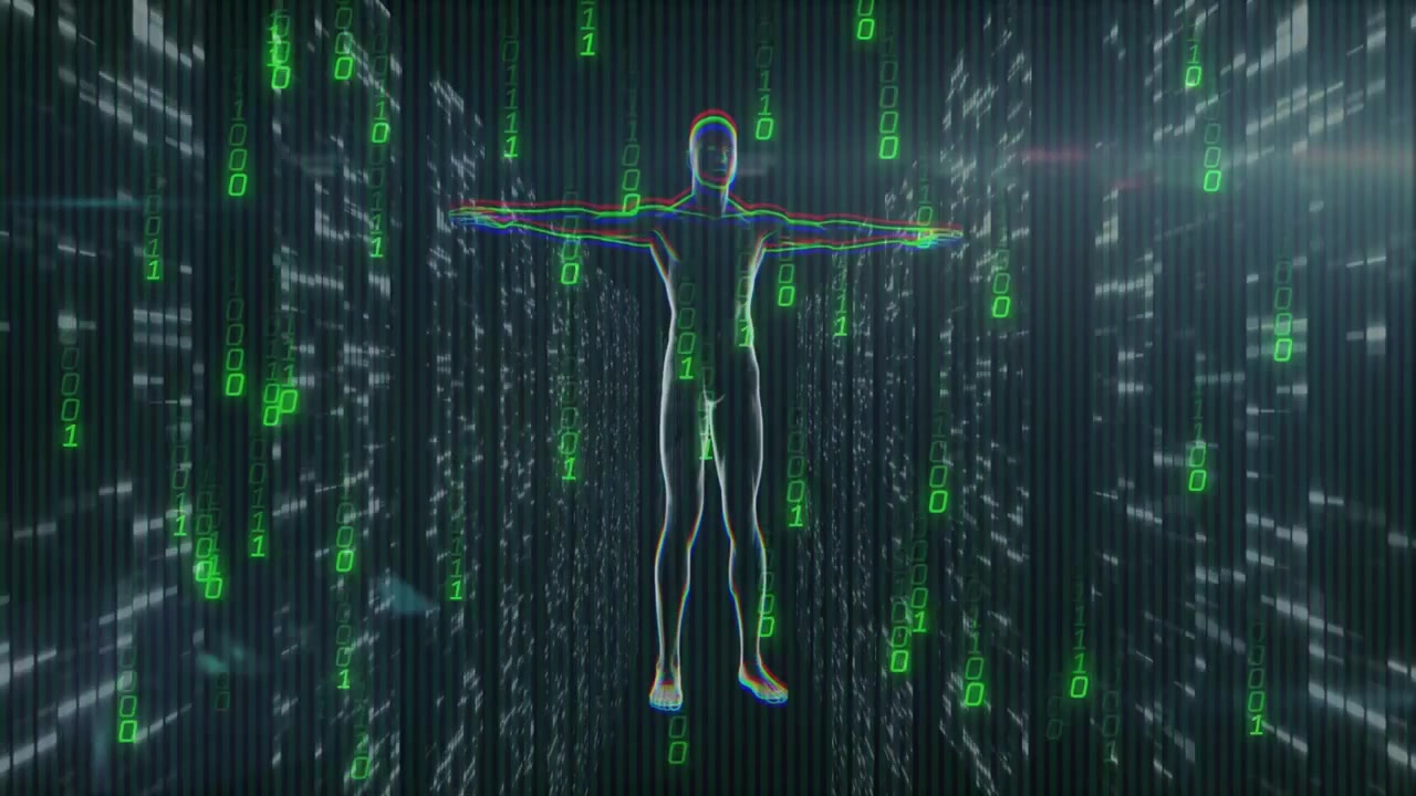 Opening wireframe humanoid figure rotating in binary tunnel glitch outlines flickering and scanning