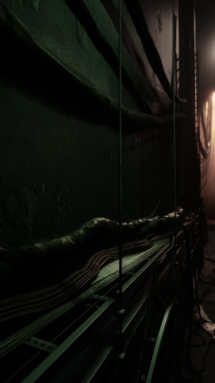 callejón oscuro y sucio con cables y alambres expuestos