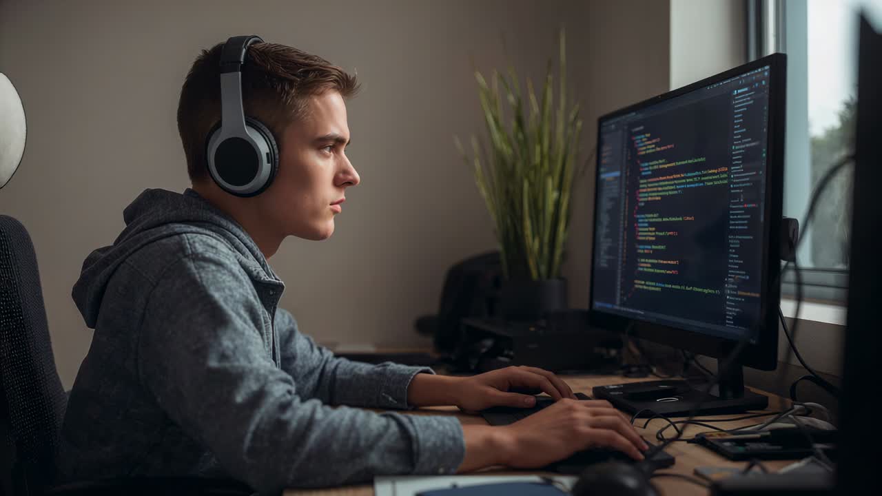 Session starting, typing man in gray hoodie and headset editing code at home monitor, copy space