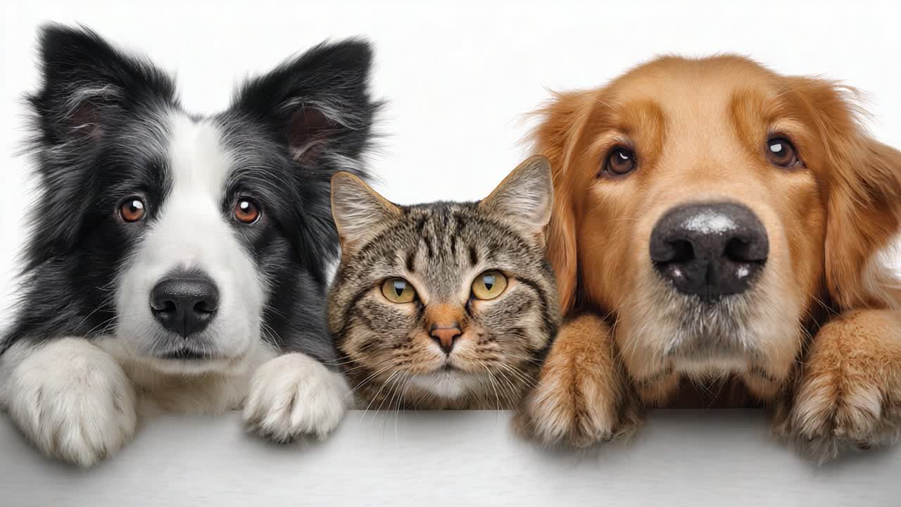 A playful trio of pets featuring a border collie, tabby cat, and golden retriever, all looking curiously towards the camera, showcasing their unique characteristics and personalities