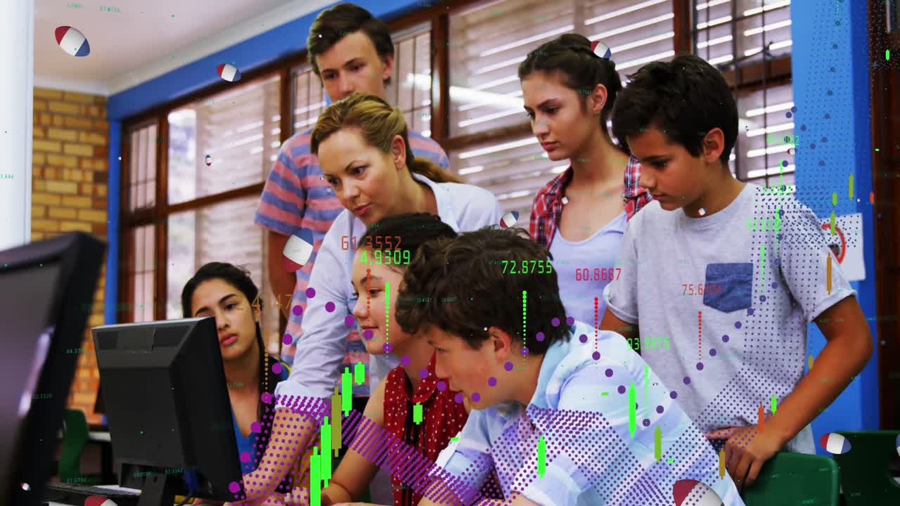 francia pelota de rugby y procesamiento de datos contra maestra caucásica y estudiantes que usan computadora