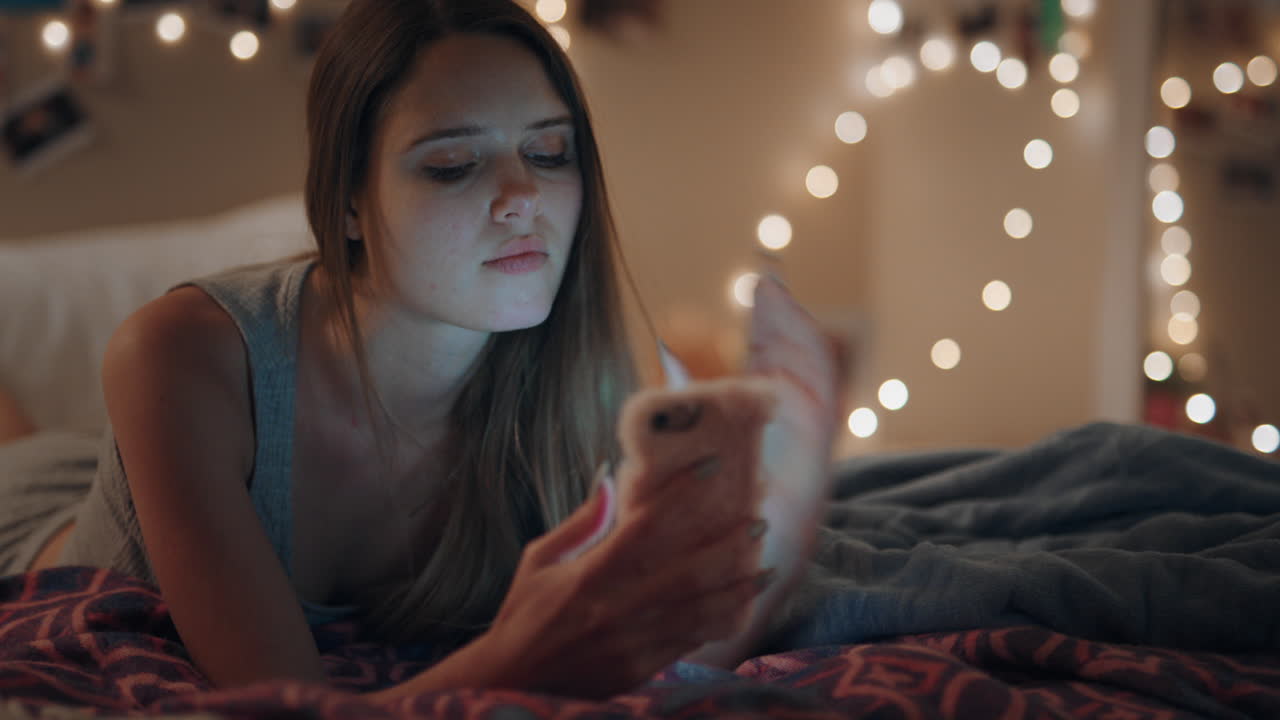 hermosa adolescente acostada en la cama enviando mensajes de texto usando un teléfono inteligente navegando por las redes sociales chateando en línea disfrutando de la noche relajándose en casa