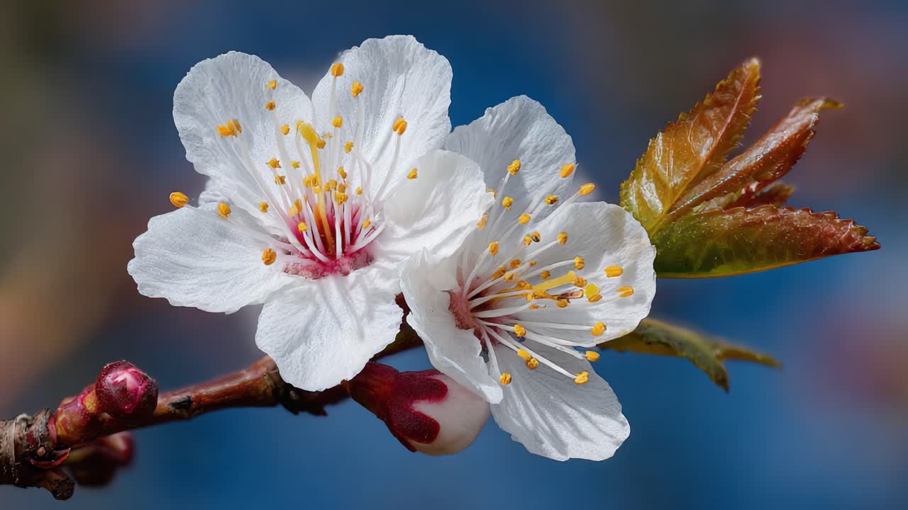 A Stunning Close-Up of Blossoming White Flowers with Vibrant Yellow Stamen Set Against a Soft Blue Background, Capturing the Beauty of Nature in Springtime
