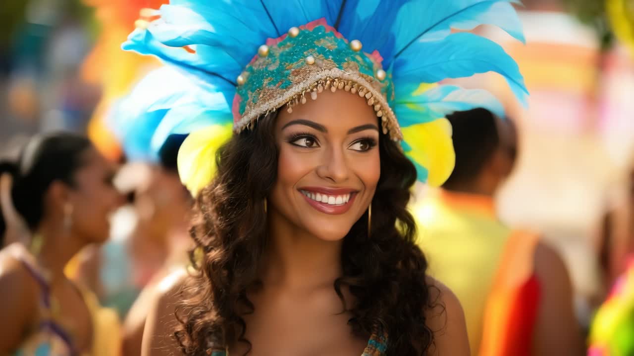 Vibrant festival scene with a woman in colorful costume, captured at eye level