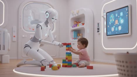 a fascinating interaction between a child and a robot in a modern playroom, showcasing the future of technology and learning through playful engagement