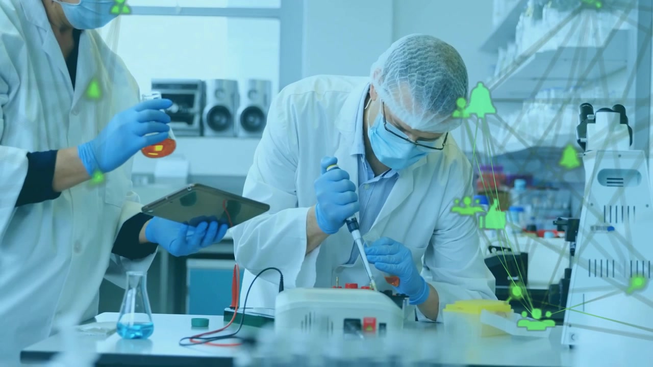Female scientist using tablet as male scientist pipetting activating green icons for lab data flow