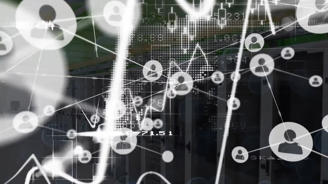 연결 네트워크의 애니메이션과 컴퓨터 서버를 통한 데이터 처리