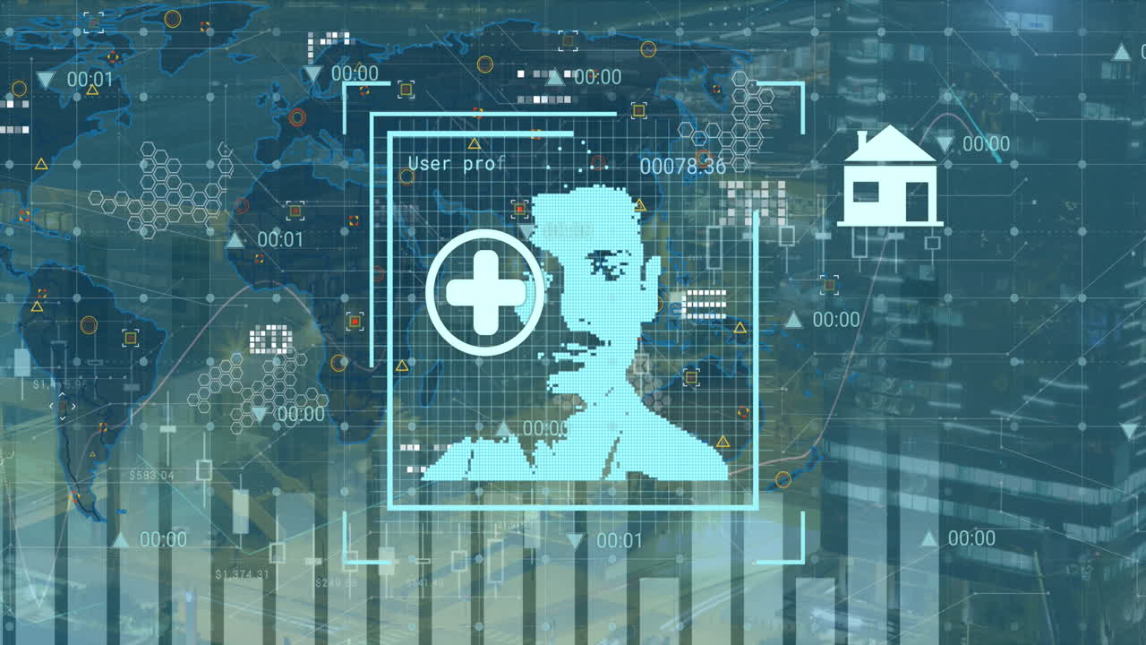 Animation of biometric photos and data processing over world map