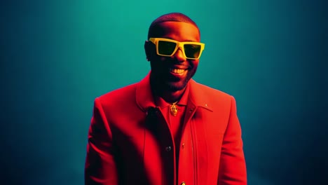 stylish man in red suit with yellow sunglasses