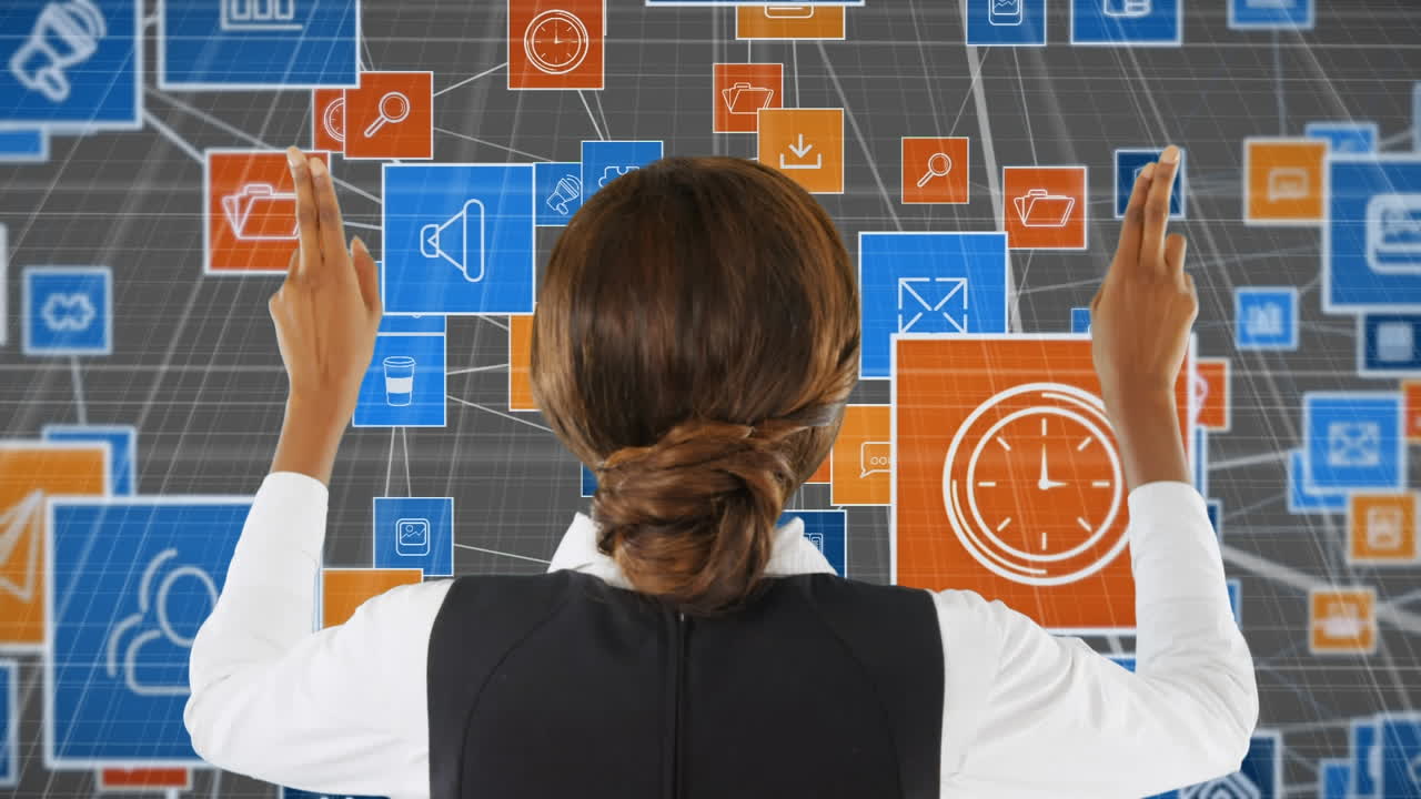 compuesto digital de una mujer mirando una serie de iconos vectoriales