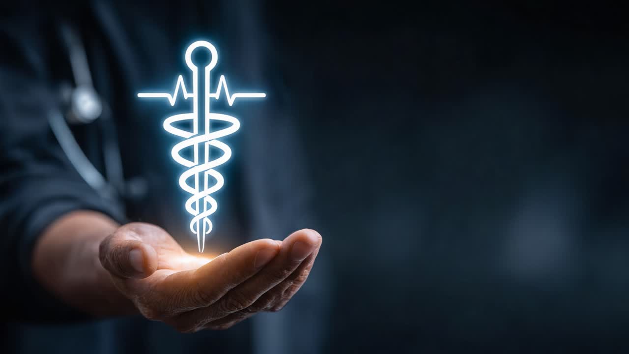 Un Simbolo Medico Luminoso Rappresenta Guarigione e Cura, Mostrando una Mano che Tiene un Caduceo con un Grafico del Battito Cardiaco su uno Sfondo Scuro
