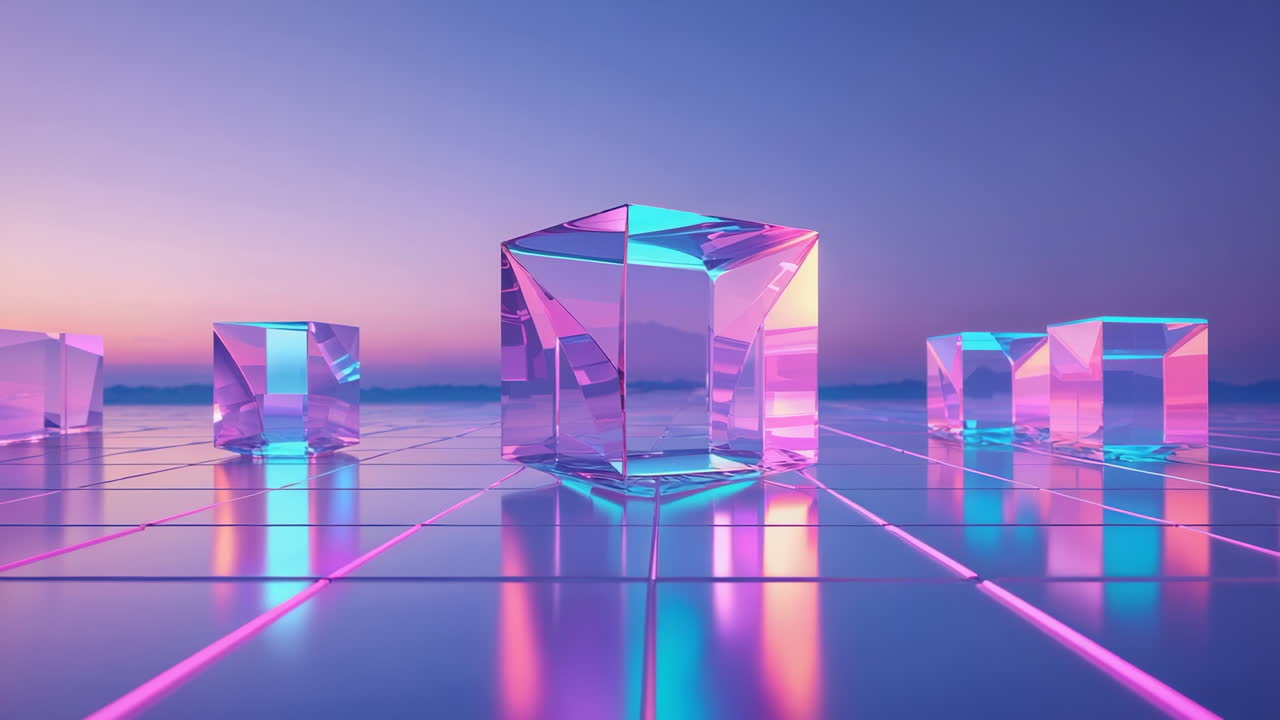 Reflective Neon Cubes on a Cyber Grid at Sunset