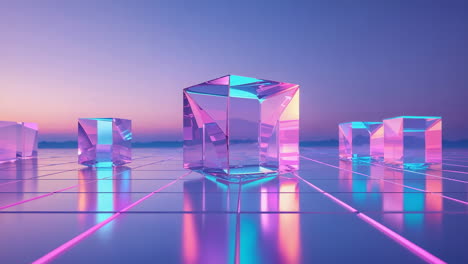 reflective neon cubes on a cyber grid at sunset
