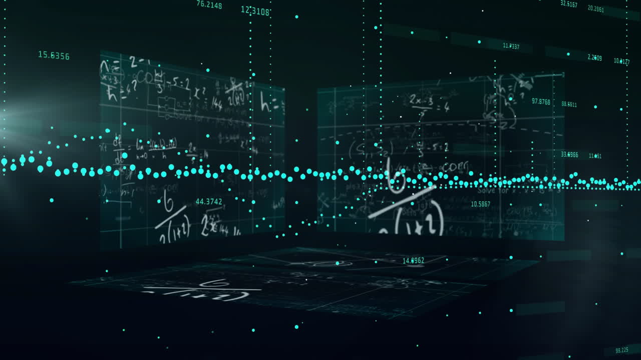 Animation of mathematical equations and data points floating in digital space