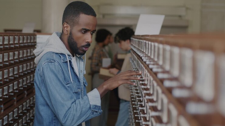 Man Searching through Card Catalog in Library