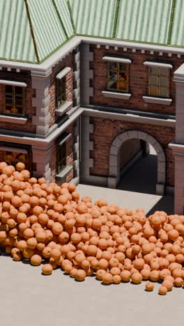 oranges falling on a building