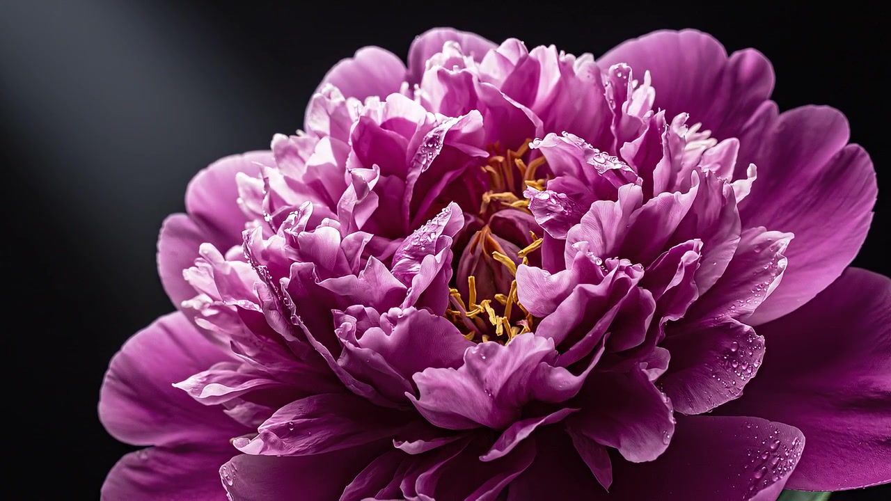 Fiore di peonia rosa vibrante con gocce di rugiada su sfondo scuro.