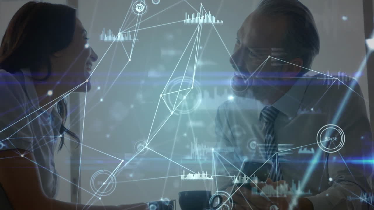 Woman and man analyzing business data, interacting with smartphone, mug and network charts