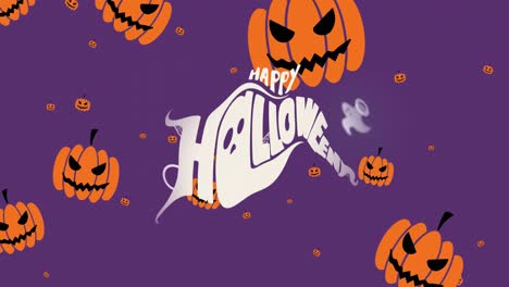 animation of happy halloween text over falling pumpkins on purple background