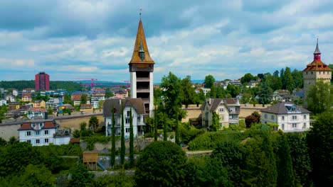 4k drone video of the nölliturm, männliturm, luegislandturm, wachtturm, zytturm, schirmerturm, pulverturm, and dächliturm towers on the musegg wall in lucerne, switzerland