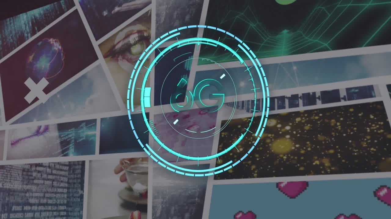 복합 화면의 클립 위에 회전하는 원형 범위와  ⁇ 색 십자가에 6g 텍스트의 애니메이션