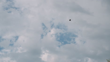 black balloon drifting against overcast sky with scattered clouds, gentle breeze carrying spherical silhouette upward, creating minimalist contrast and serene motion in aerial environment