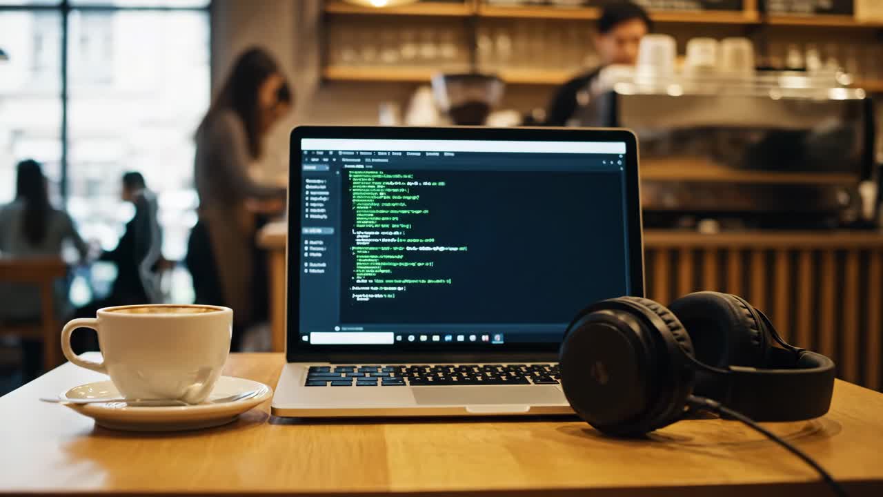 Laptop with Coffee and Headphones in Cafe