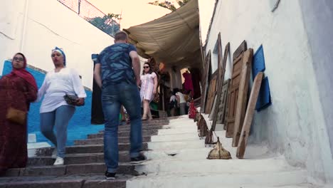 Walking up the stairs in a Moroccan medina