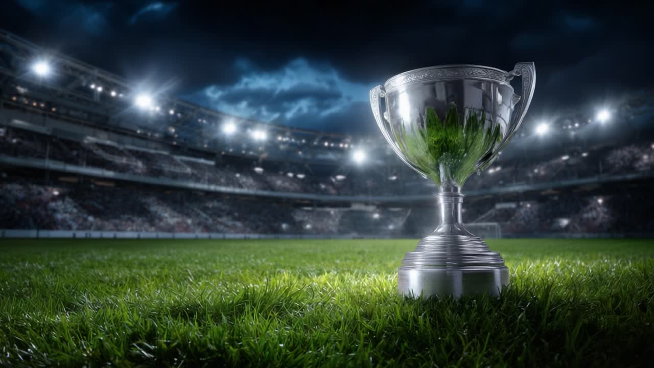 A Majestic Silver Trophy Glimmers on the Grass Under Stadium Lights, Symbolizing Victory and Achievement in Competitive Sports Events