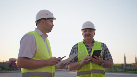 Waist-up-of-two-middle-aged-male-builders-wearing-safety-clothing-standing-at-construction-site-man-using-walkie-talkie-his-colleague-holding-paper-with-project-plan