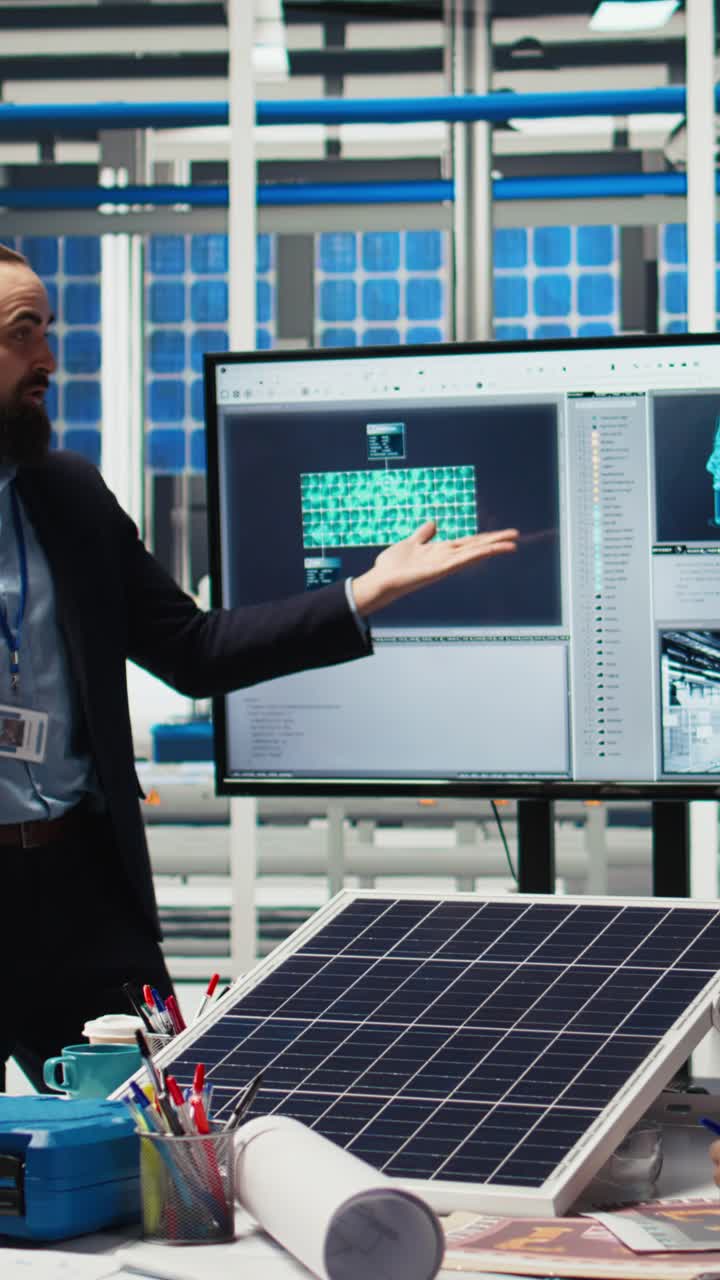 Vertical video Happy businessmen in solar panel plant celebrating increased sales, dancing