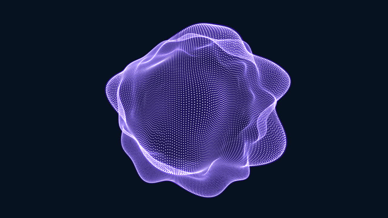 Abstract 3D sphere composed of intricate interconnected lines in shades of purple, creating a visually captivating geometric pattern with a spherical illusion