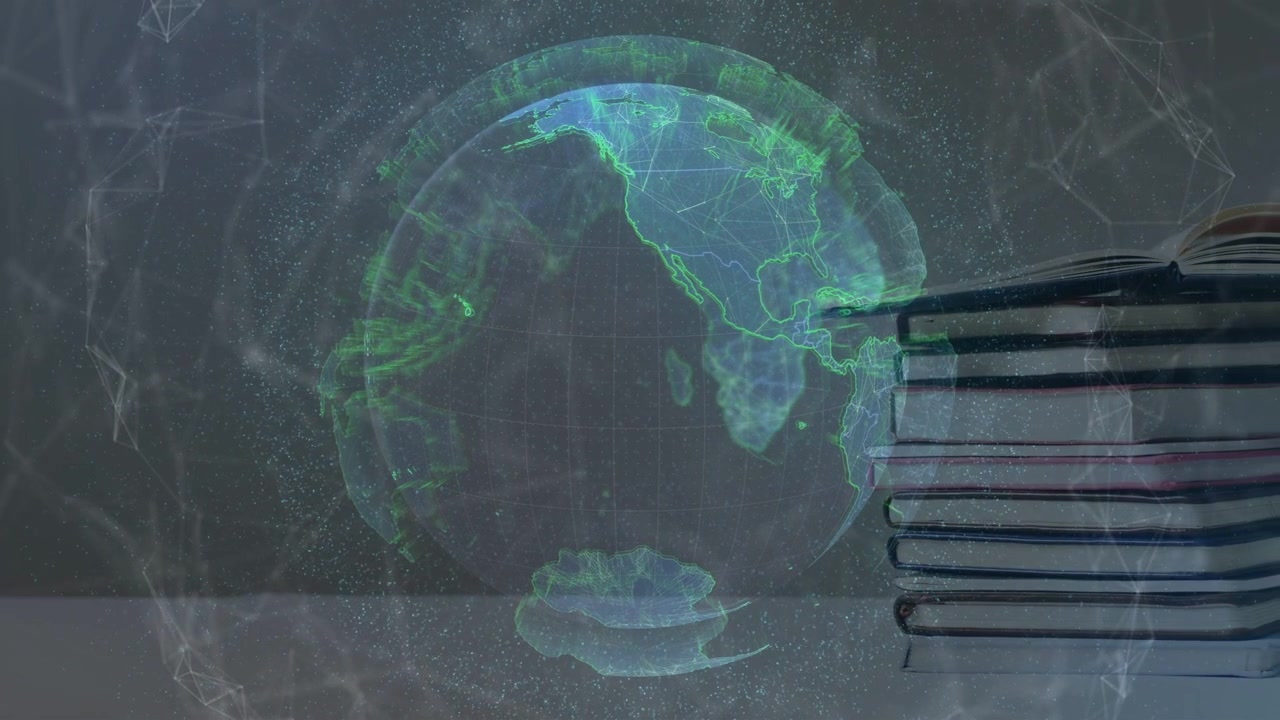 3D globe rotating nodes pulsing books entering right stacking and hiding side forming layered view