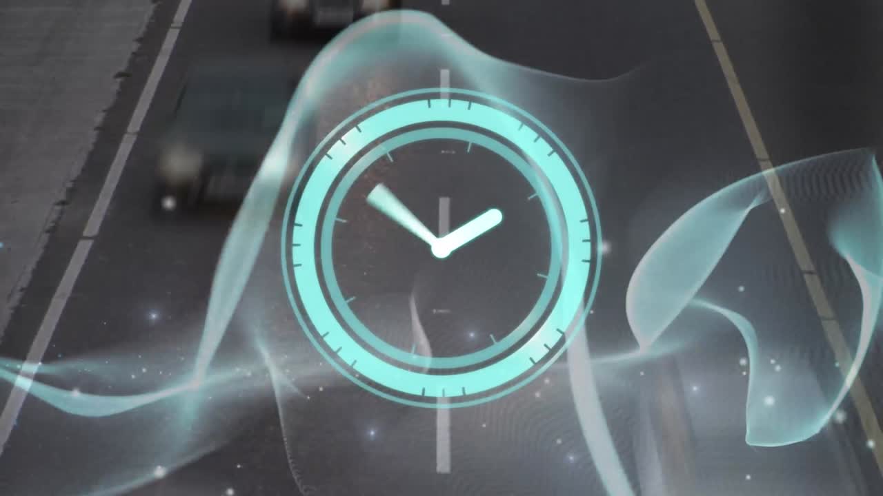 빠르게 움직이는 도로 교통 위에서 빠르게 움직이는 시계의 애니메이션