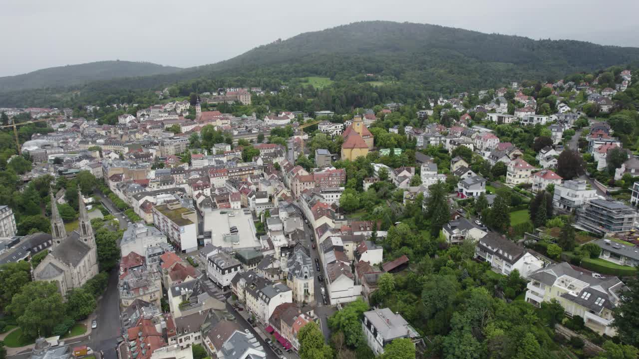 Aerial view circling Baden Baden spa town in the south west of Germany's black forest mountain range