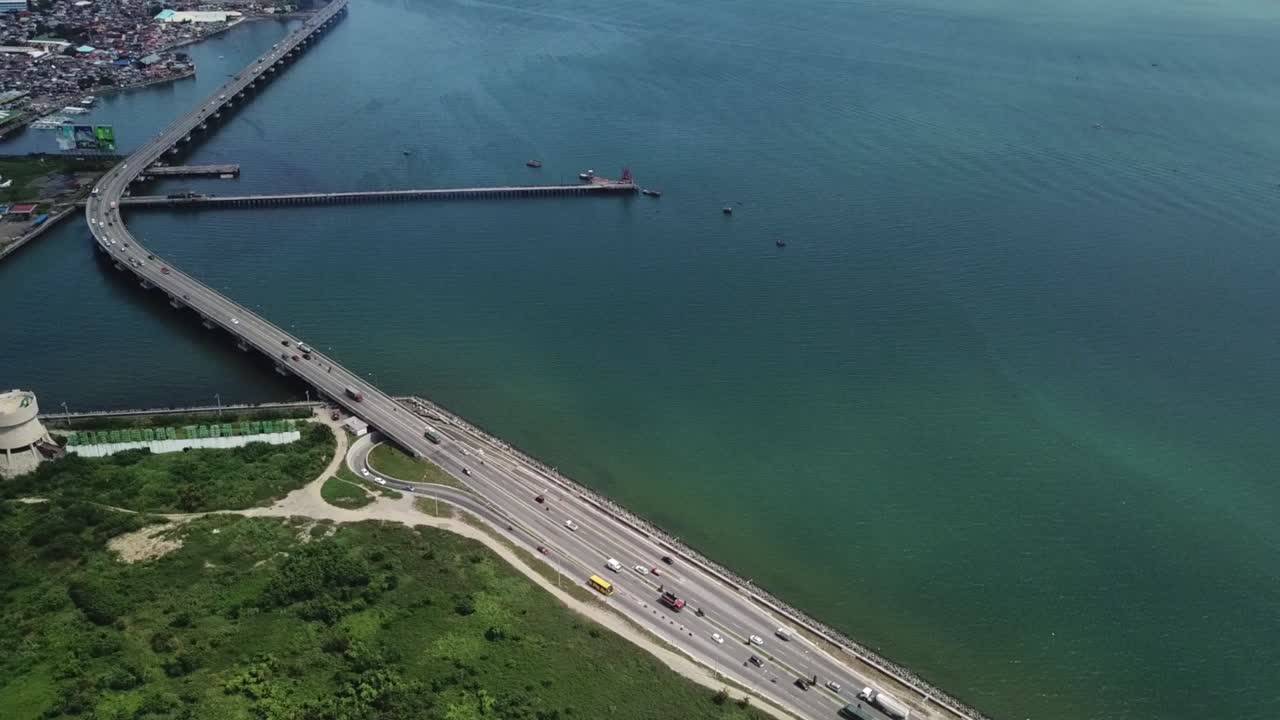 Aerial View of Traffic on CSCR Seaside Road and Bridge Traffic on Cebu Island, Philippines