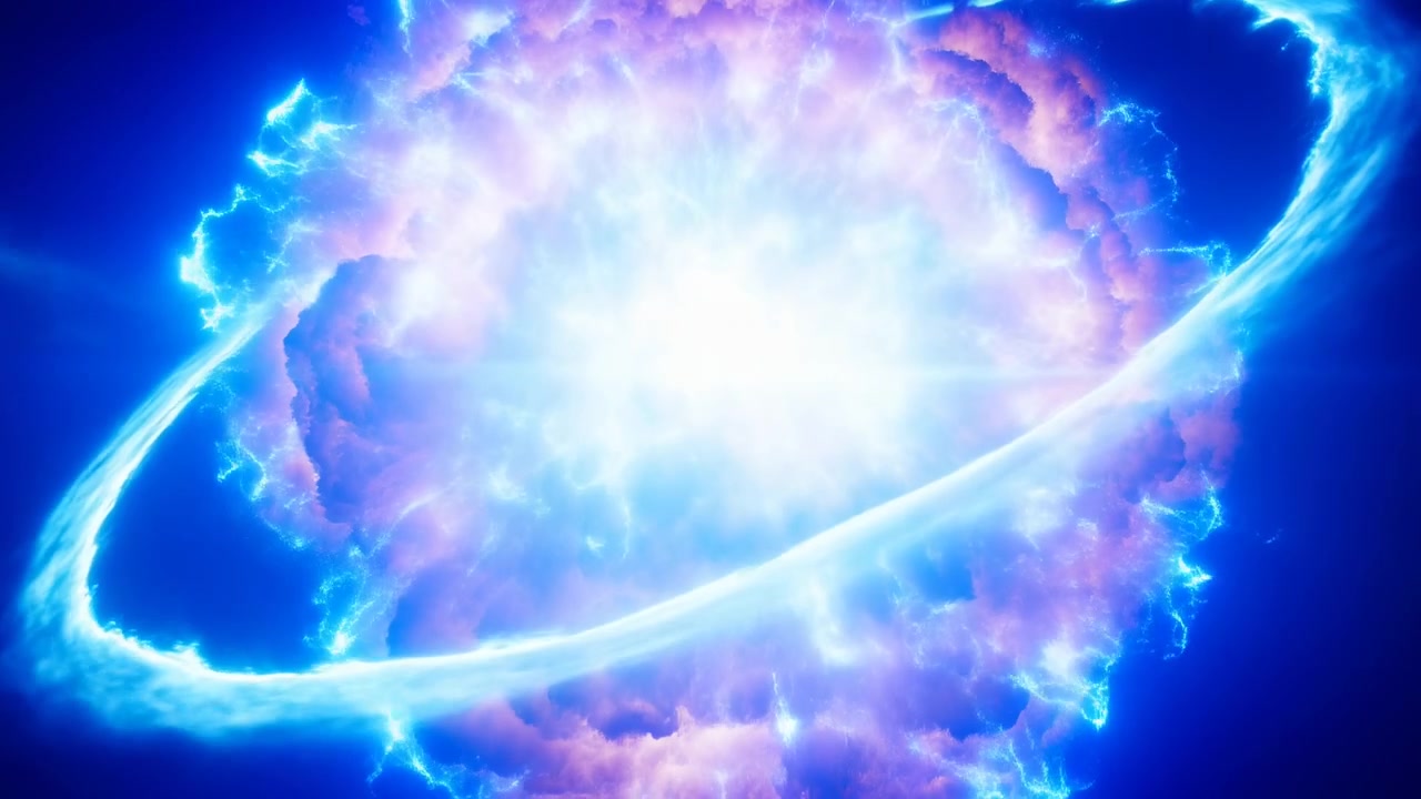 Esplosione di supernova blu che irradia luce intensa, nuvola di plasma incandescente che forma un anello elettrico come onda d'urto.