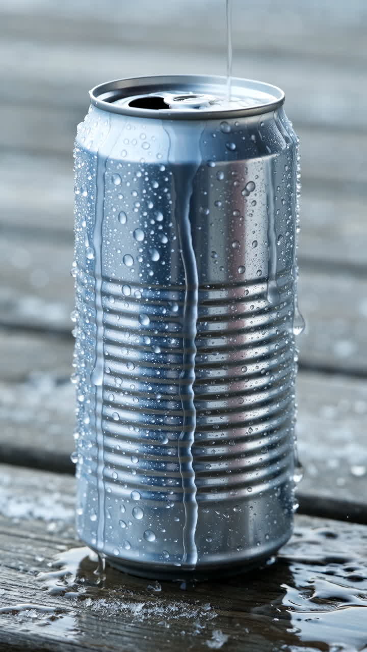 A cold, wet aluminum beverage can with condensation