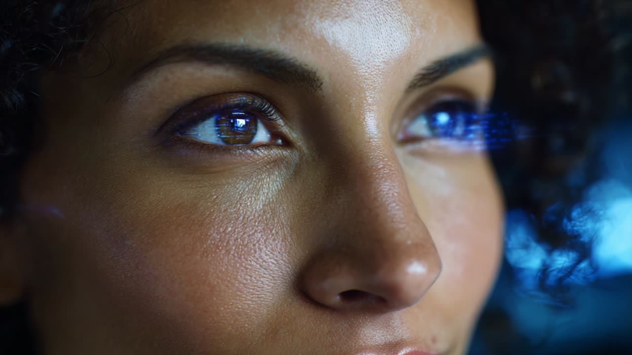 A close-up examination of a woman's face with a focus on her striking eyes, showcasing an enchanting transformation from natural to glowing blue, symbolizing emotion, intensity, and otherworldly beauty