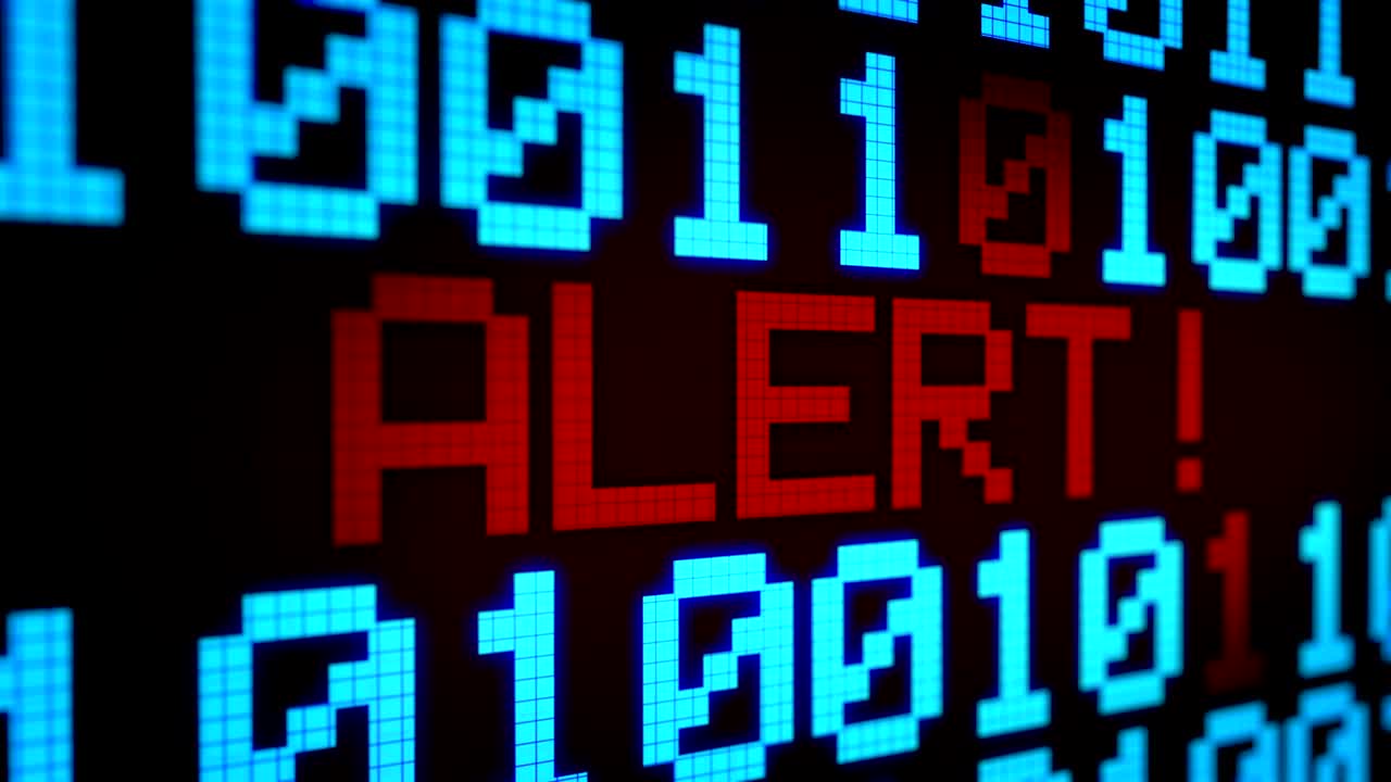 Looped animated background with running lines with binary code and shimmering text "ALERT" light-blue and red color on the black screen. Pixels. 4k. Seamless loop.