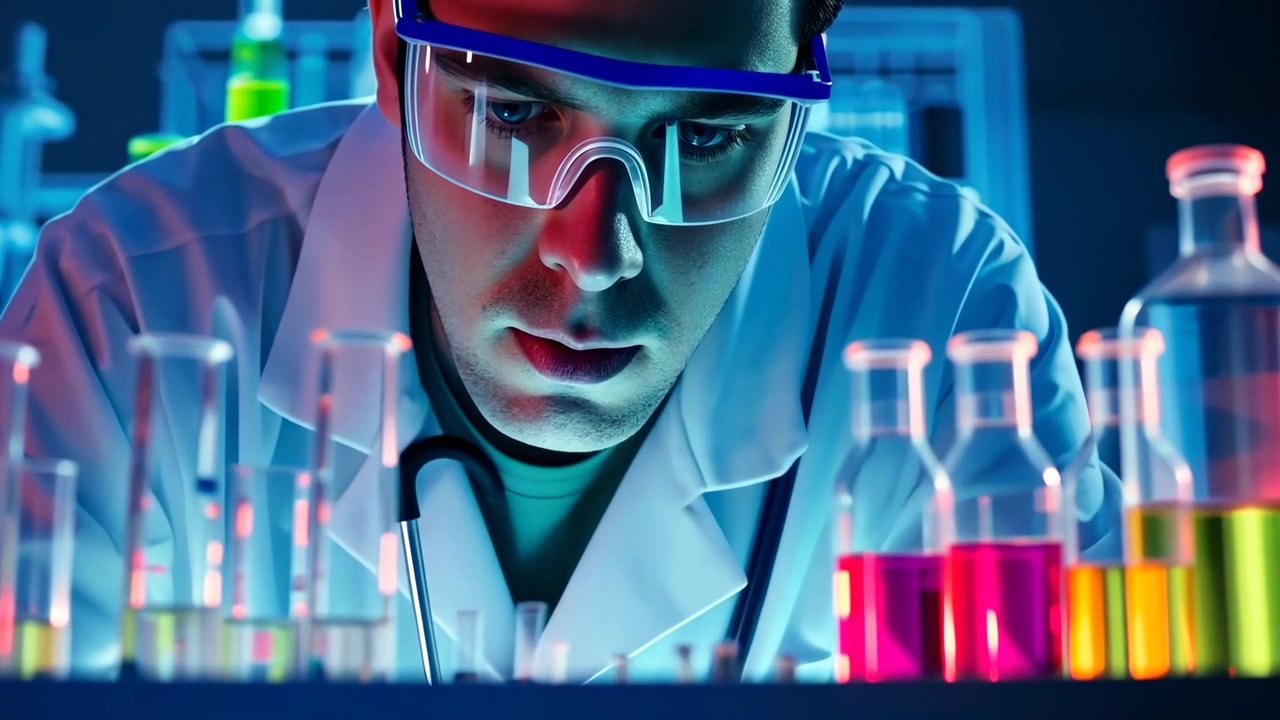 Scienziato che conduce un esperimento chimico in un laboratorio moderno.