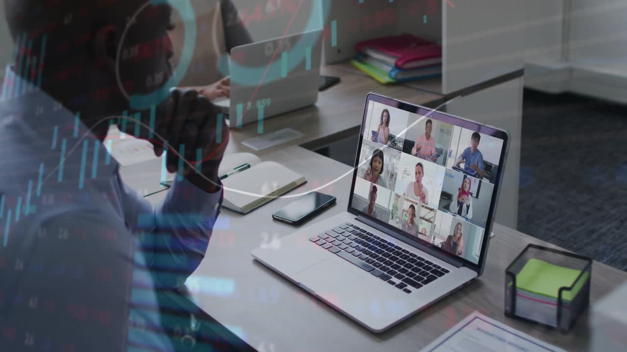 Virtual meeting on laptop screen with financial data processing animation overlay